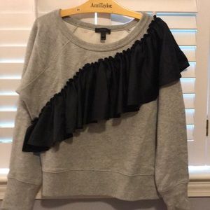 J Crew grey sweatshirt with black satin ruffle
